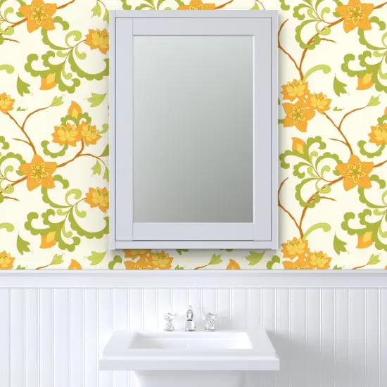 Pre-Pasted Wallpaper 2FT Wide Trailing Floral Orange Chintz Indian Botanical Green Cream Retro Flowers Custom Pre-pasted Wallpaper by Spoonflower {6}