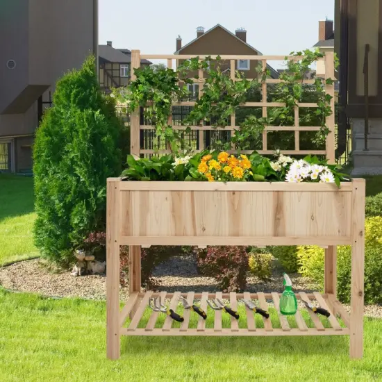 Raised Garden Bed Elevated Wooden Planter Box with Trellis {4}