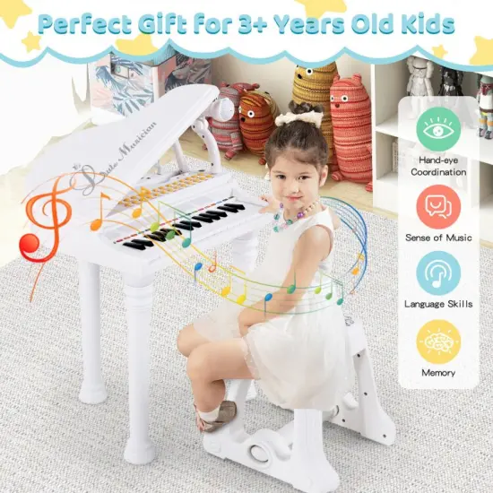 31 Keys Kids Piano Keyboard with Stool and Piano Lid White {6}