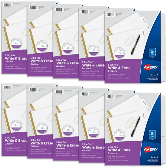 Avery Write & Erase Big Tab Paper Dividers for 3 Ring Binder, White, 5 Tab Set, 10 Packs, 10 Sets Total (23075) {1}