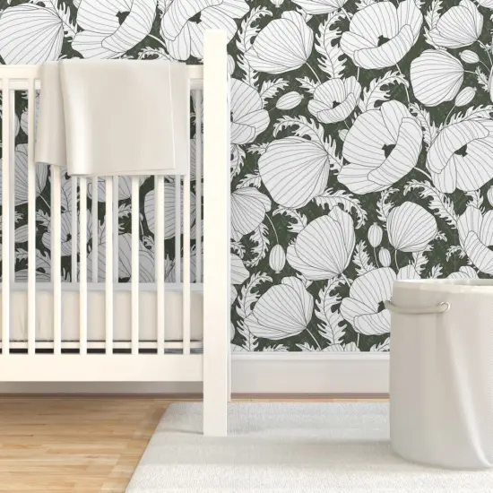 Pre-Pasted Wallpaper 2FT Wide Floral Poppies Boho Flowers Olive White Line Drawing Large Scale Leaves Retro Green Custom Pre-pasted Wallpaper by Spoonflower {7}