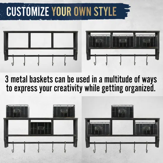 HBCY Creations Rustic Coat Rack Wall Mounted Shelf with Hooks & Baskets, Entryway Organizer Wall Shelf with 5 Coat Hooks and Cubbies Black Wash {2}