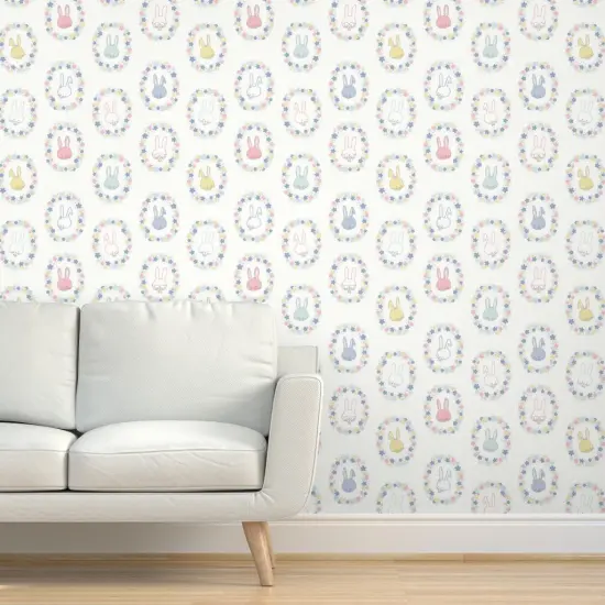 Peel & Stick Wallpaper 2FT Wide Easter Bunnies Pastel Floral Spring Flowers Periwinkle Lilac Blue Pink Ivory Garden Hand Drawn Whimsical Rabbits Custom Removable Wallpaper by Spoonflower {5}