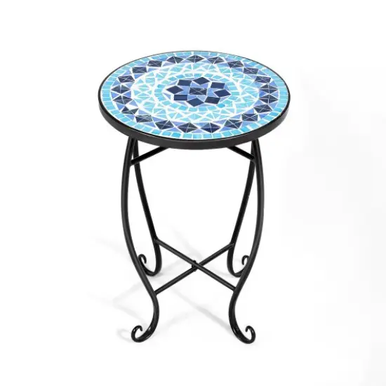 Steel Mosaic Round Accent Table for Patio Lawn Garden Blue {1}