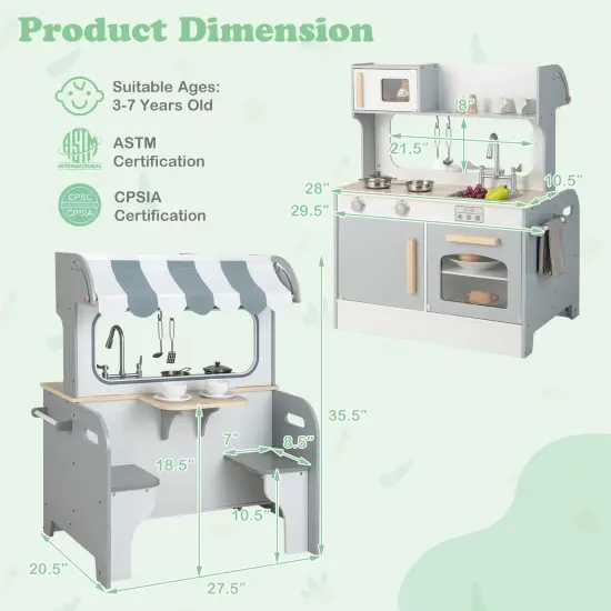 Double Sided Kids Pretend Kitchen Playset with 2-Seat Cafe-grey {3}