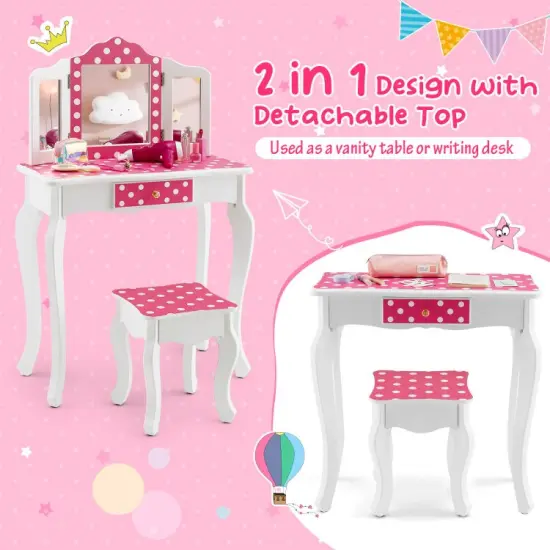 Kids Vanity Table and Stool Set with Cute Polka Dot Print-Pink {3}