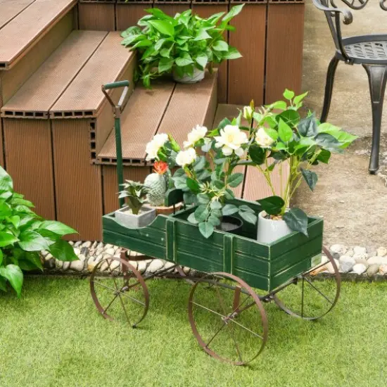 Rustic Wooden Wagon Planter with Metal Wheels Small Garden Cart for Flowers Outdoor Decor Green {2}