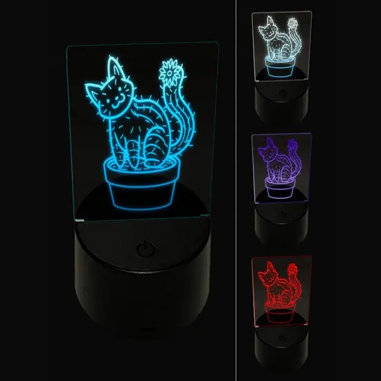 Catcus Cactus Cat Pun 3D Illusion LED Night Light Sign Nightstand Desk Lamp {1}