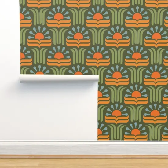 Pre-Pasted Wallpaper 2FT Wide Geometric Floral Retro Botanical Art Nouveau 70S Groovy Boho Scandi Orange Green Custom Pre-pasted Wallpaper by Spoonflower {2}