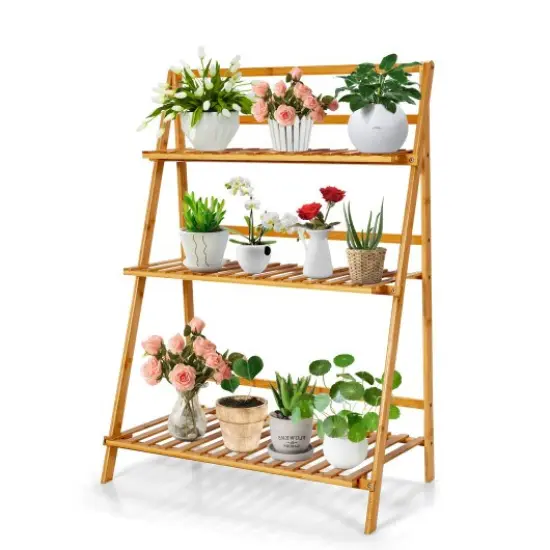 3-Tier Wicker Foldable Plant Stand with Display Shelf Rack {1}