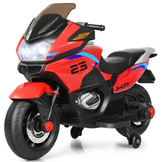 Iron Kids Ride-On Motorcycle with LED, Music and Training Wheels Red {1}