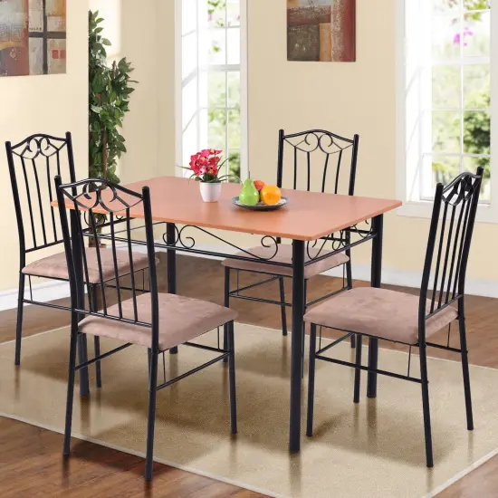 5 Pieces Dining Set Wooden Table and 4 Cushioned Chairs Set with Steel Tube {2}