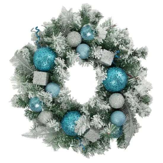 Northlight Flocked Pine with Glitter Ornaments Artificial Christmas Wreath - 24" - Unlit Blue {1}
