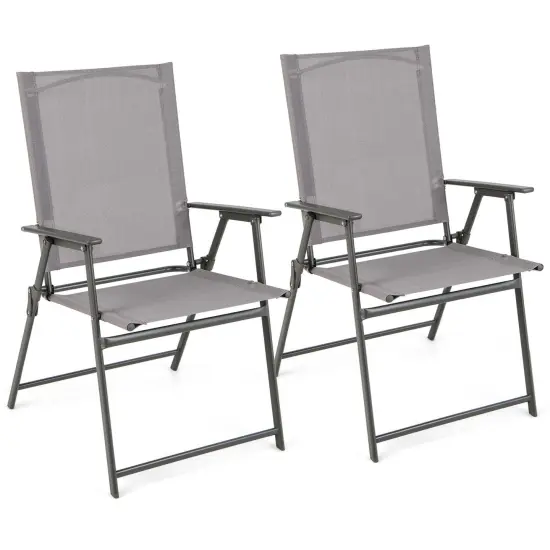 Costway 2pcs Patio Folding Portable Dining Chairs Metal Frame Armrests Garden Outdoor Black/Gray/White {2}