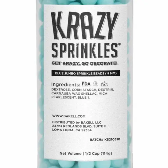 Krazy Sprinkles - Blue 8mm Beads (1/2 Cup, 1x Jar) for Cakes, Ice Cream & Cookies {5}