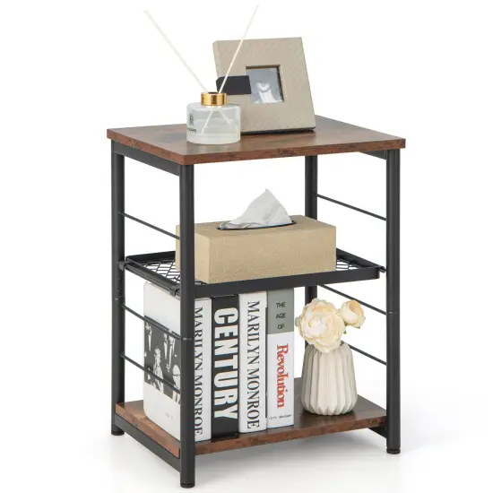 3-Tier Industrial Side Table with Adjustable Mesh Shelf-Rustic Brown {4}