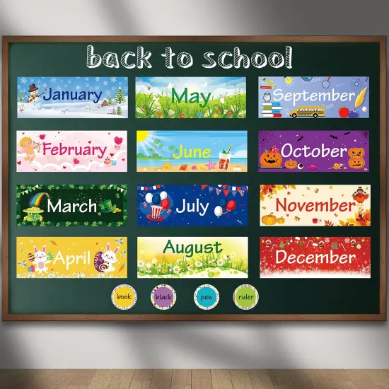 48 PCS Holiday Monthly Headliners Set 12 Months of The Year Headers Monthly Bulletin Board Borders Seasonal Monthly Headers with 36 Round Blank Confetti Cutouts for School Bulletin (Cute Style) {1}