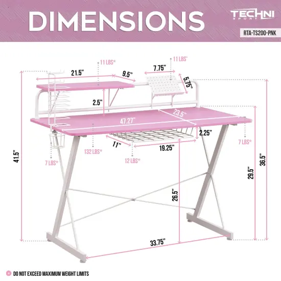 Techni Office Solutions Computer Gaming Desk with Shelve - 41.5" - Pink and White {4}