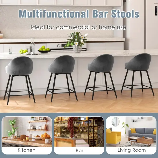 Costway Set of 2 Velvet Bar Stools Swivel Counter Height Dining Chair with Metal Legs Gray {5}