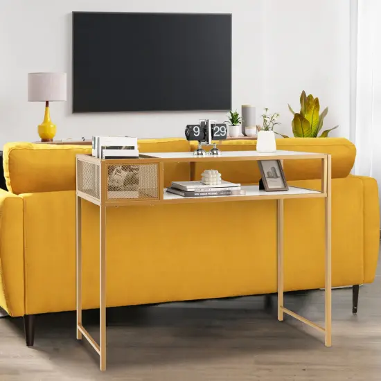 Faux Marble Console Table with Wire Baske for Hallway and Living Room-White {6}