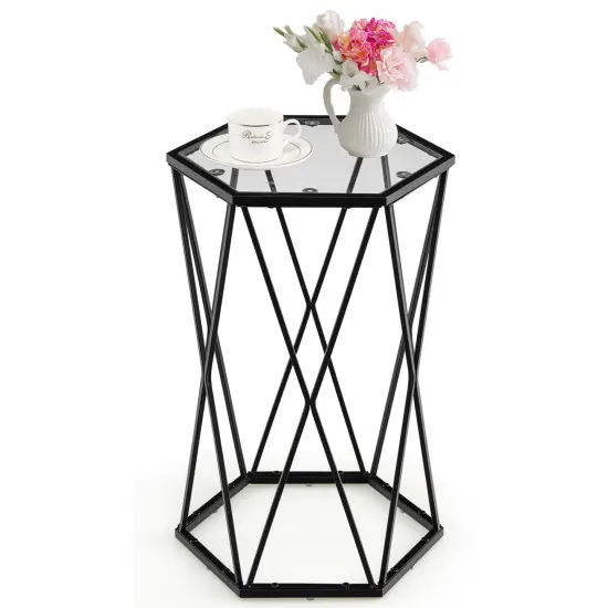 End Table Tempered Glass Top Metal Frame Hexagonal Accent Side Table Living Room {4}