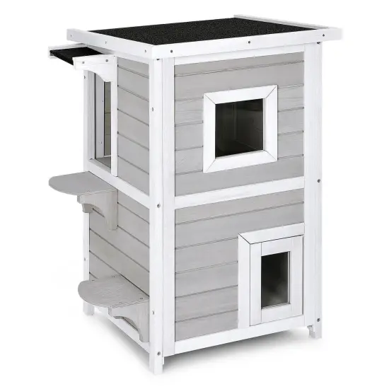 2-Story Wooden Cat House with Escape Door Rainproof {2}