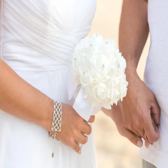White Foam Rose Bridal Bouquet with Satin Ribbon Handle for Wedding & Party {2}