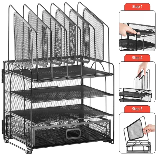 Marbrasse Desk Organizer with Drawer, 4-Tier Mesh Desk File Organizer with 5 Vertical File Holders and 2 Pen Holders, Multifunction Desktop Organizer {3}