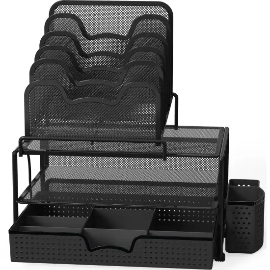 SimpleHouseware Mesh Desk Organizer with Sliding Drawer, Double Tray and 5 Stacking Sorter Sections, Black {4}