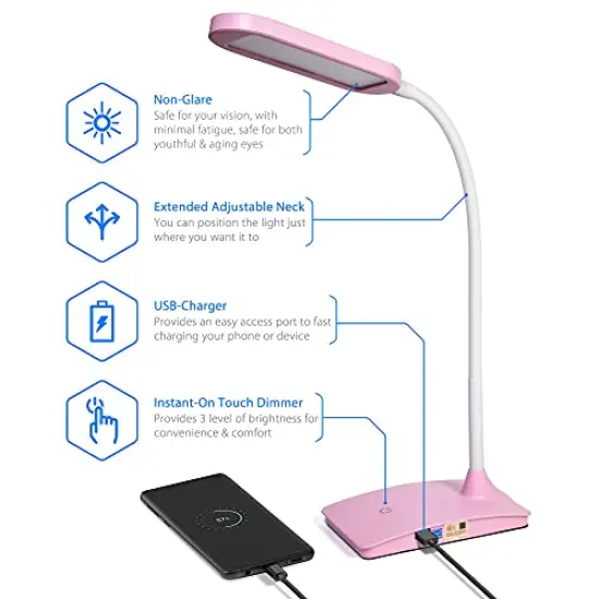 Pink Desk Lamps for Home Office - Super Bright Small Desk Lamp with USB Charging Port, a Perfect LED Desk Light as Study Lamp, Bedside Reading Lights {4}