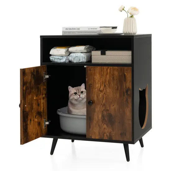 Industrial Cat Litter Box Enclosure with Entry and Open Compartment-Rustic Brown {4}