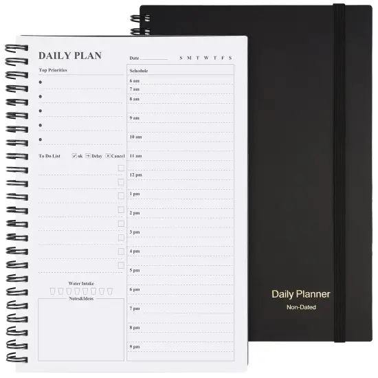 Daily Planner Undated, Asten To Do List Notebook Hourly Schedules Spiral Appointment Planner for Men and Women,PVC Hardcover,Elastic Closure, Inner Pocket 8.3" x 5.8" (Black) {1}