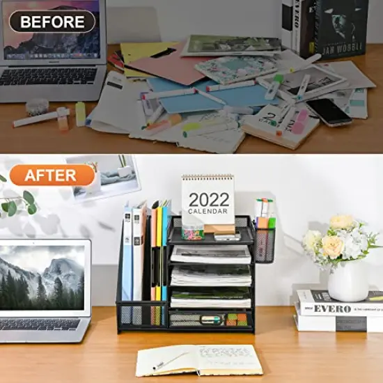 Marbrasse Desk Organizer with File Holder, 5-Tier Paper Letter Tray Organizer with Drawer and 2 Pen Holder, Mesh Desktop Organizer and Storage with Magazine Holder for Office Supplies(Black) {2}