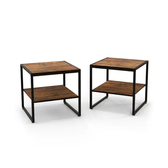 2 Pieces 2-Tier 20 Inch Square End Side Table for Living Room Bedroom-Rustic Brown {1}