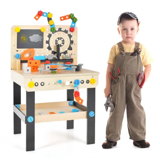 Costway Tool Bench Set for Toddlers Kids Wooden Workbench with 75 Accessories {1}