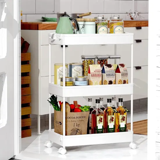 SPACEKEEPER Storage Rolling Cart, 3 Tier Laundry Room Organization Utility Cart Bathroom Organizer Mobile Shelving Unit Shelves Multi-Functional Trolley, White {3}