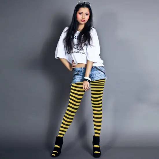 Black and Yellow Tights - Striped Nylon Bumble Bee Stretch Pantyhose Stocking Accessories for Every Day Attire and Costumes for Teens and Children {6}