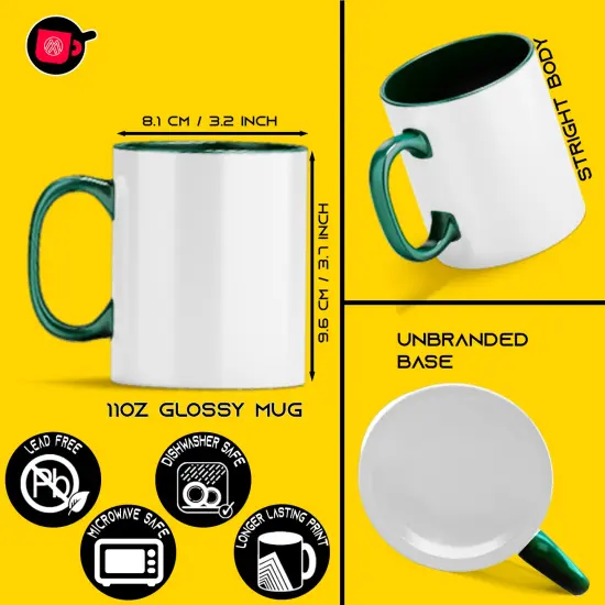 4-Pack of 11oz Sublimation Mugs with Hunter Green Inner And Handles, Includes Foam Shipping Box {3}