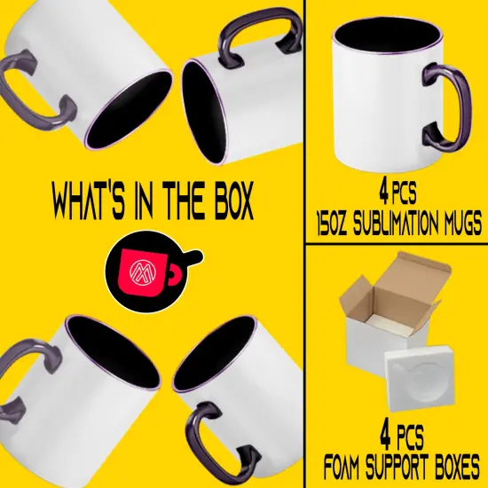 Set of Four 15oz Purple Mugs with PURPLE Interior And Handle, Individually Packaged in Foam Support Boxes {2}