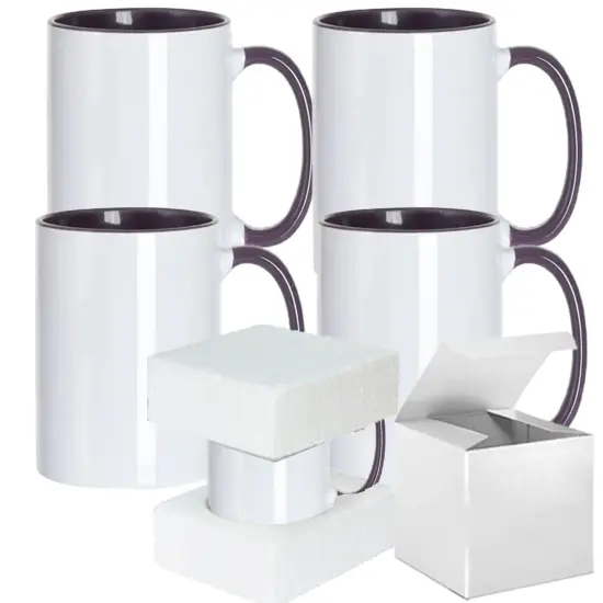 Set of Four 15oz Purple Mugs with PURPLE Interior And Handle, Individually Packaged in Foam Support Boxes {1}