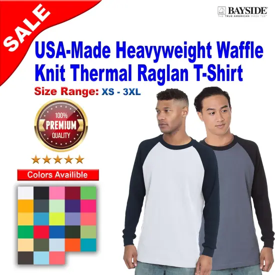 Bayside&reg; USA made Heavyweight Waffle Knit Thermal Raglan T-Shirt White/ Navy {2}