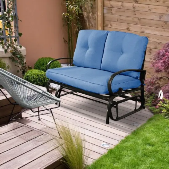Outdoor Patio Cushioned Rocking Bench Loveseat Blue {3}