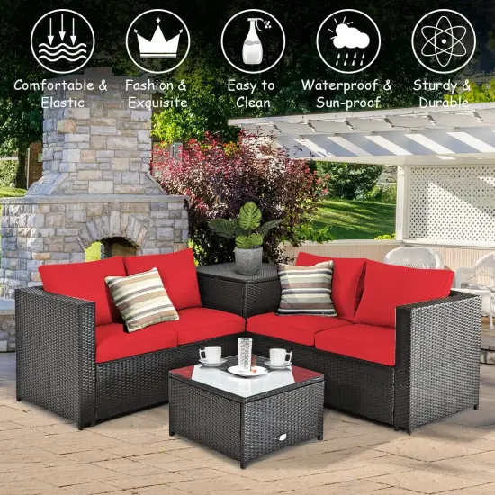 4 Pcs Outdoor Patio Rattan Furniture Set with Cushioned Loveseat and Storage Box Red {6}