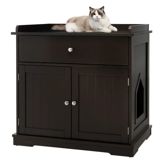 Wooden Cat Litter Box Enclosure with Drawer Side Table Furniture Brown {4}