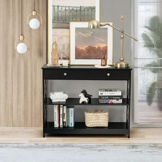 Console Table 3-Tier with Drawer and Storage Shelves Black {3}