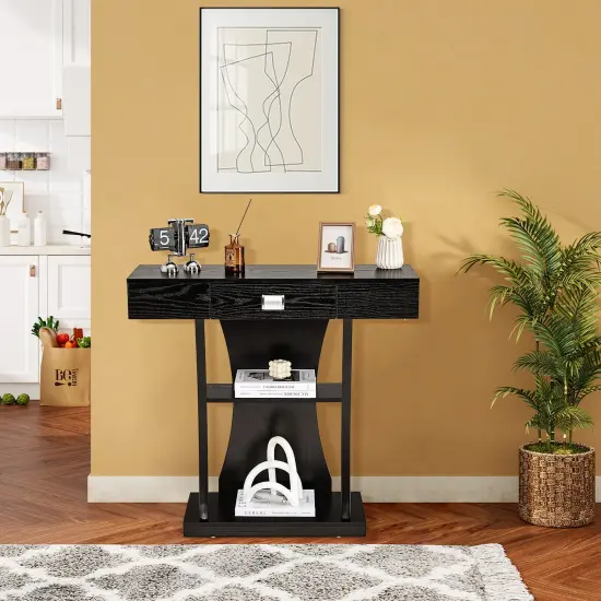 Console Table with Drawer and 2-Tier Shelves for Entryway Living Room Black {1}