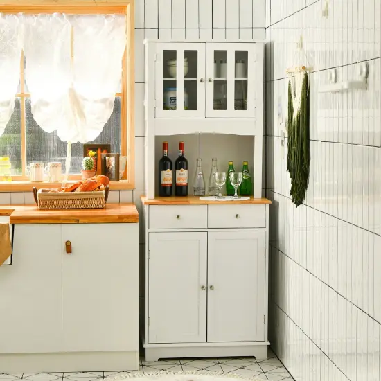Kitchen Pantry Cabinet with Wood Top and Hutch-White {2}
