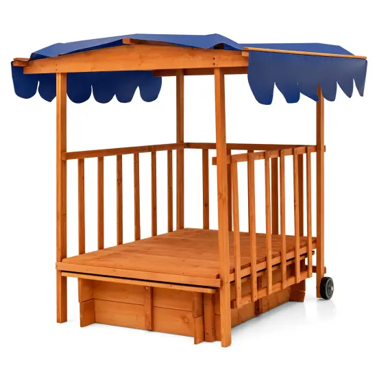 Kids Outdoor Wooden Retractable Sandbox with Cover and Built-in Wheels {4}