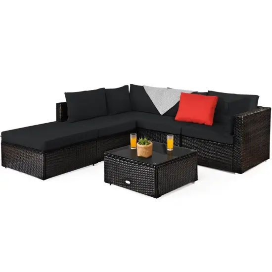6 Pieces Outdoor Patio Rattan Sectional Sofa Set With Coffee Table Black {4}