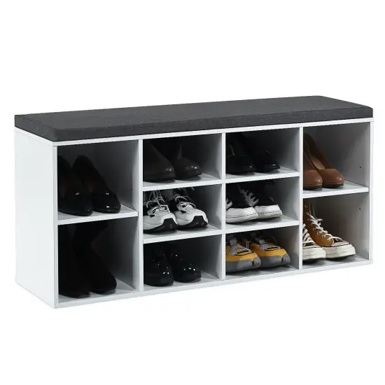 10-Cube Organizer Entryway Padded Shoe Storage Bench White {4}